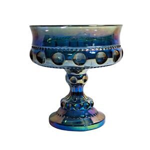 Vintage Indiana Glass Kings Crown Blue Carnival Glass Compote Bowl Pedestal Dish